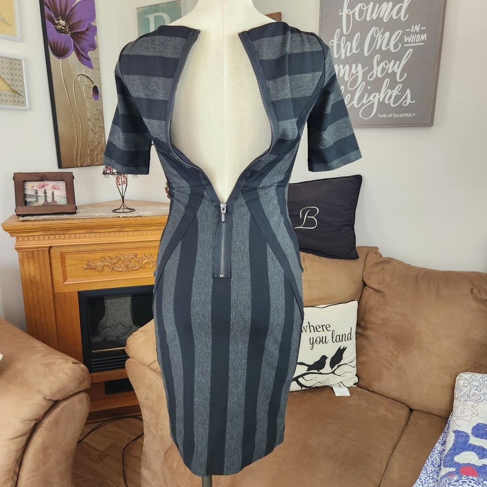 Anthropologie Maeve Geoplane Pencil Dress Striped Fitted Black Gray Size 2 - Picture 3 of 4